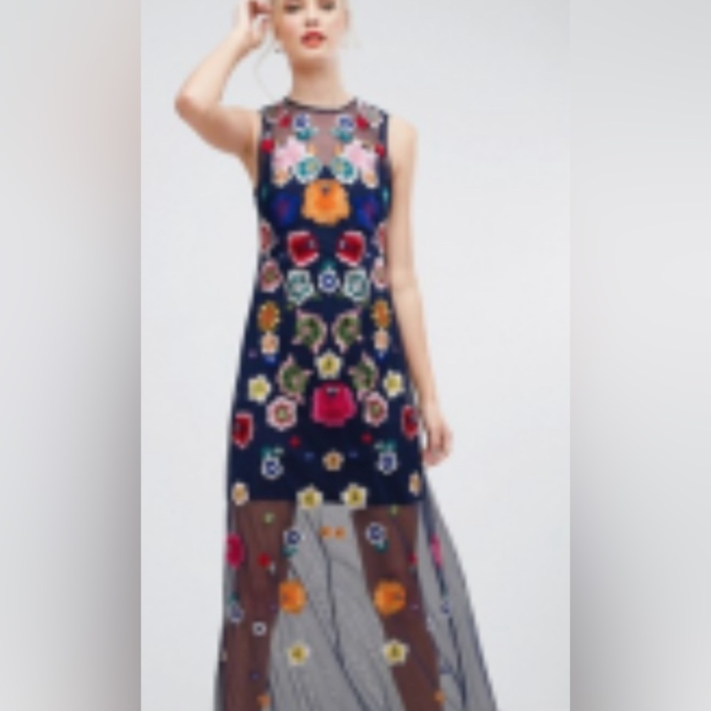 ASOS Navy Floral Embroidered Mesh Maxi Dress